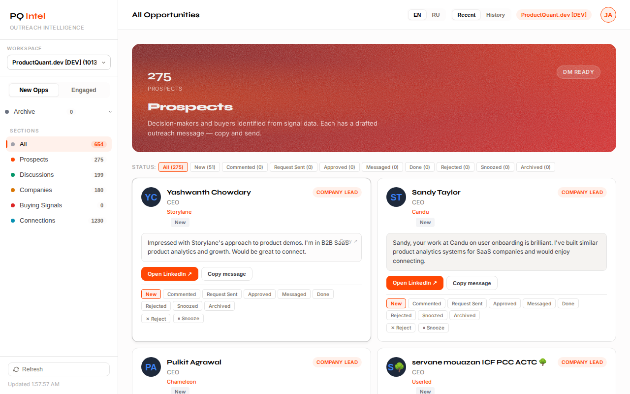 Leads table in ProductQuant Intel showing enriched business contacts with emails, phones, and categories from Google Maps and Yandex Maps scraping