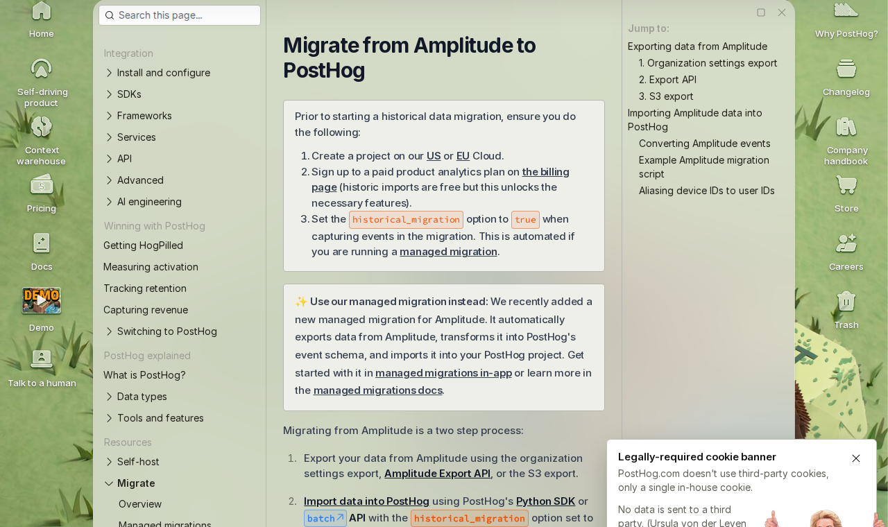 PostHog migration documentation page showing supported migration sources including Amplitude