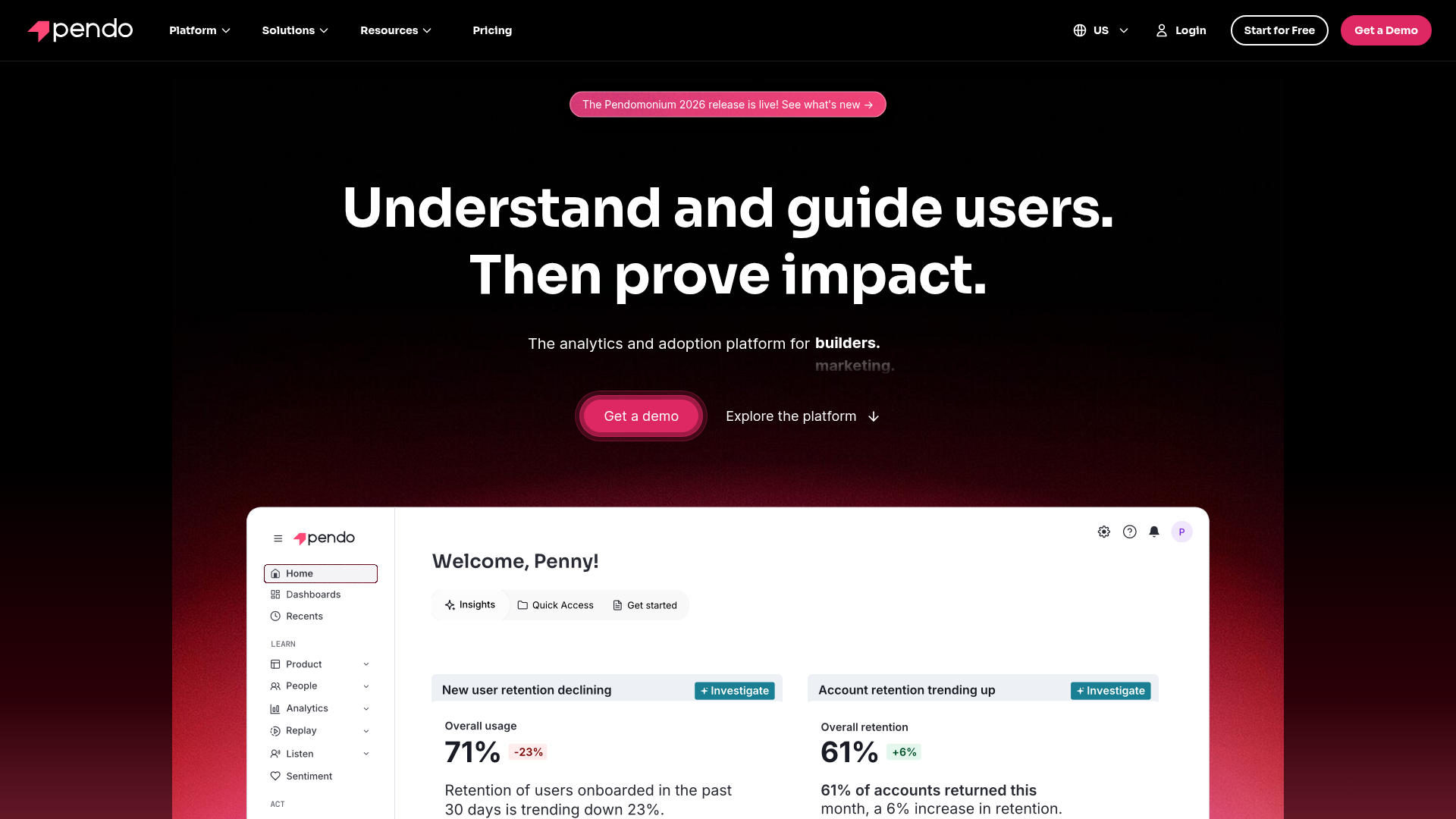Pendo — Best for Analytics + Guidance Combined interface