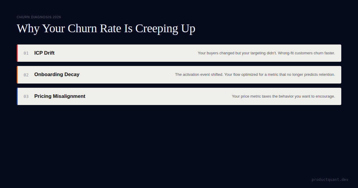 Churn rate creeping up visualization showing gradual monthly increases from 2.0% to 3.4% over 6 months