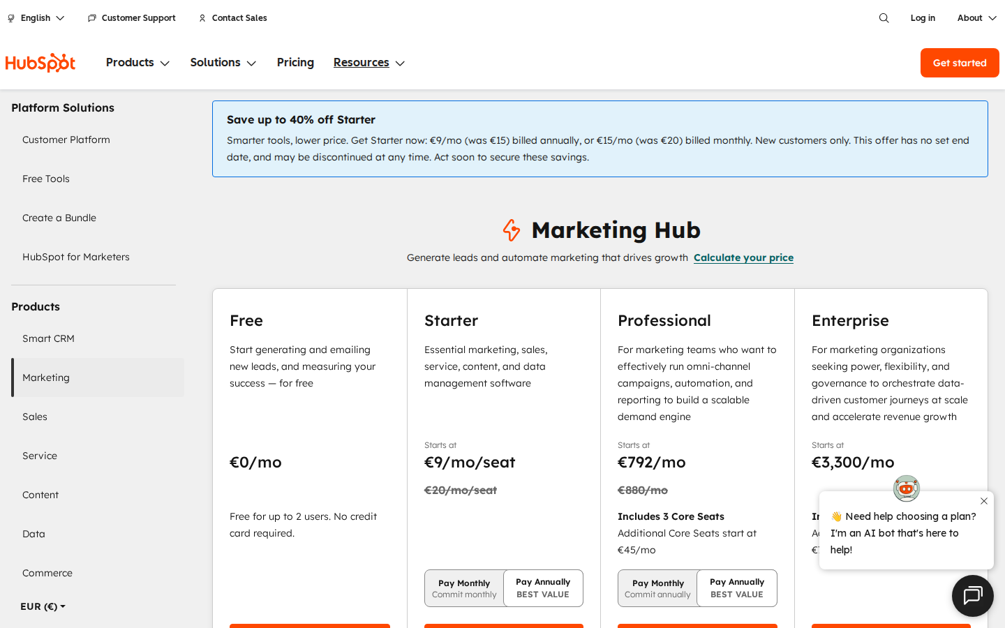 HubSpot pricing page showing Marketing Hub, Sales Hub, Service Hub, CMS Hub, and Operations Hub as modular products
