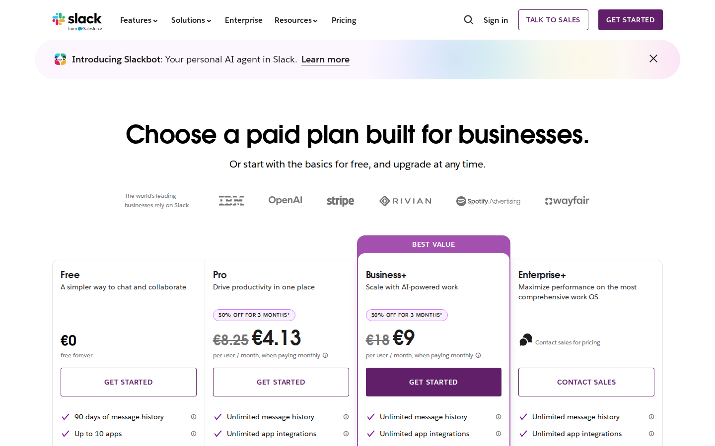Slack pricing page showing Free, Pro, and Business+ tiers with per-active-user pricing