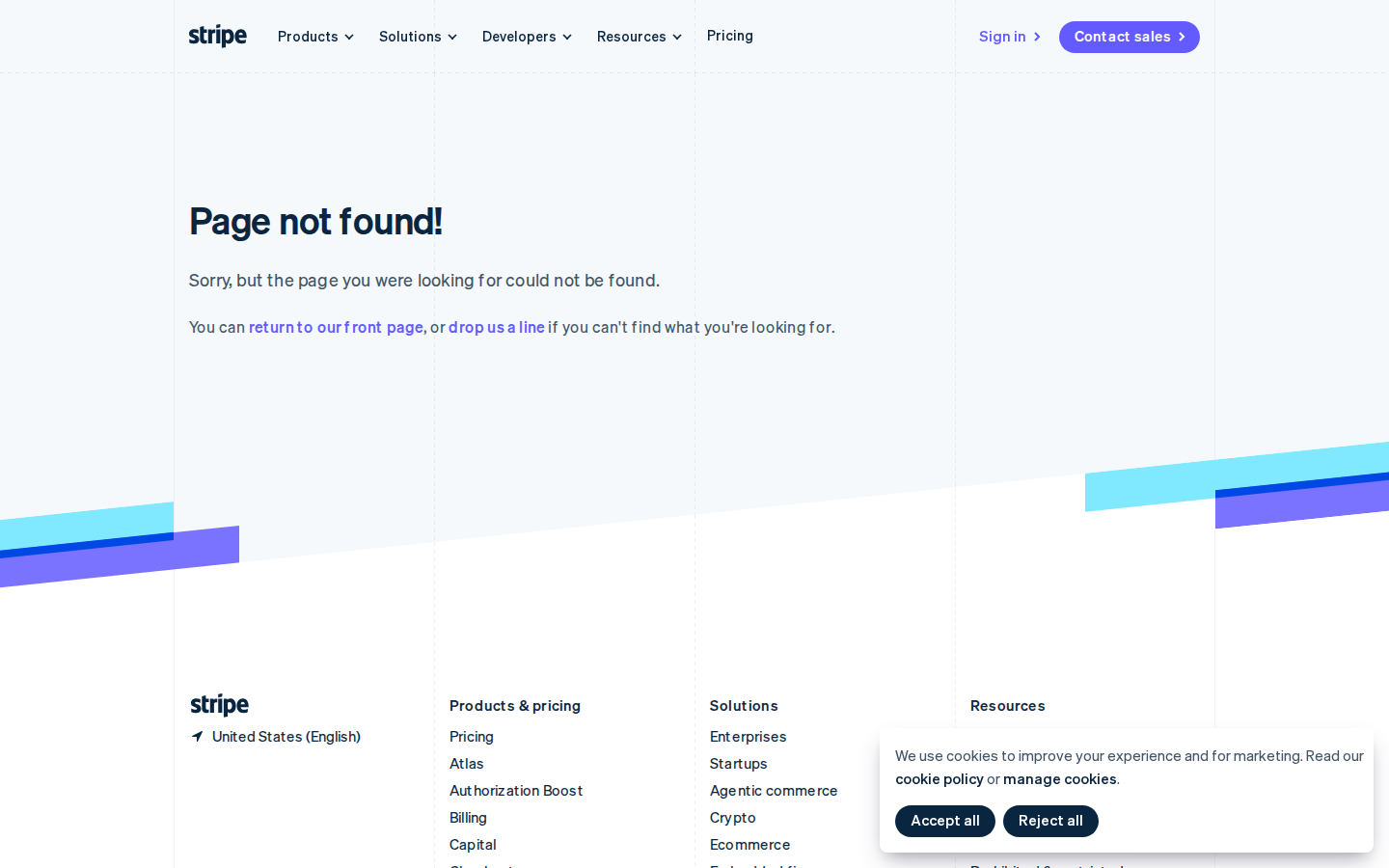 Stripe Payments pricing page showing pay-as-you-go pricing with 2.9% + 20p per transaction