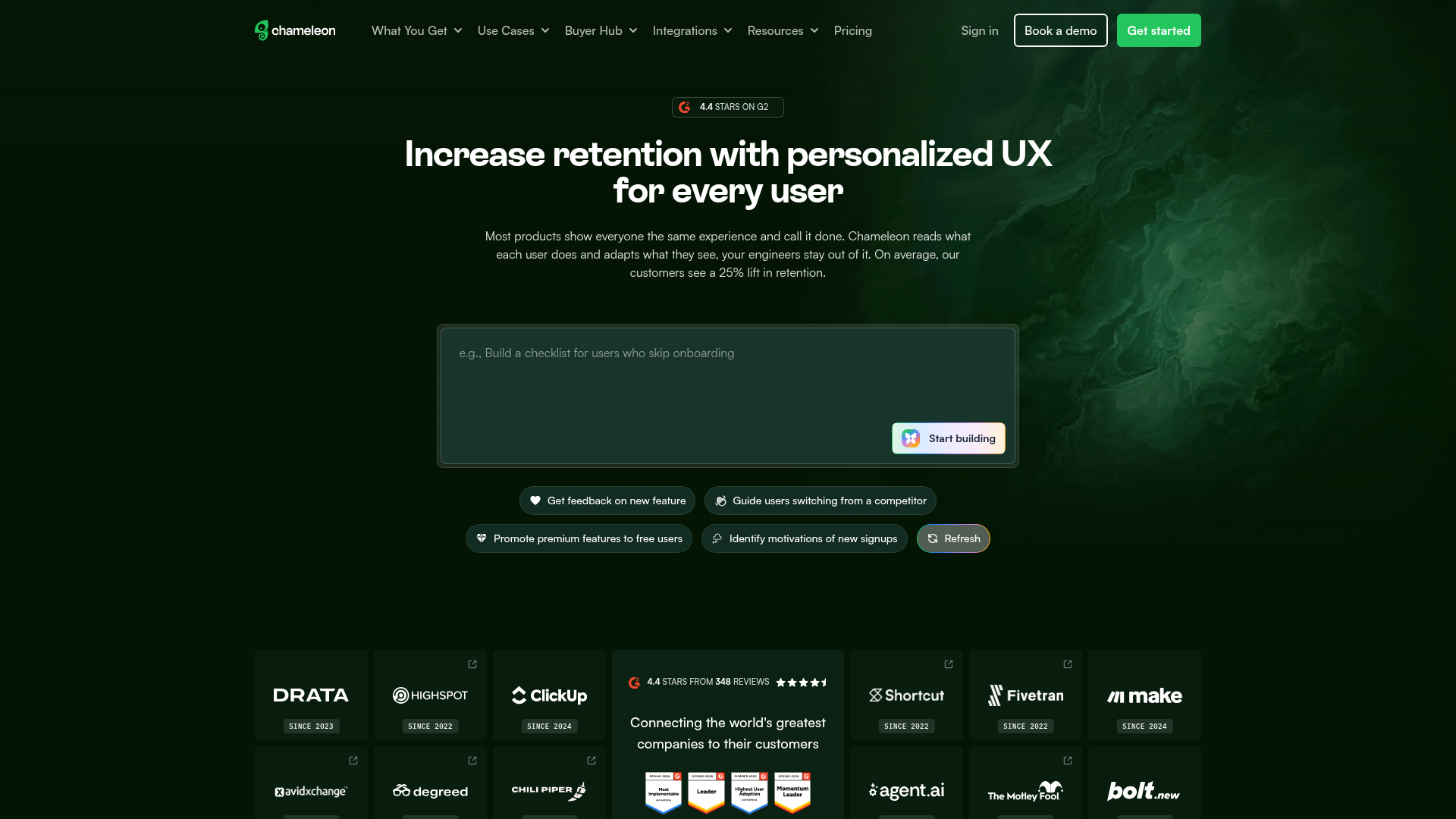 Chameleon homepage — in-app guidance platform with deep visual customization and product demos