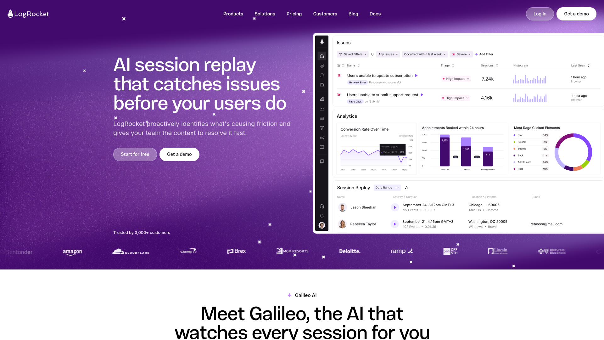 LogRocket homepage — session replay and debugging tool with Redux state capture and Galileo AI