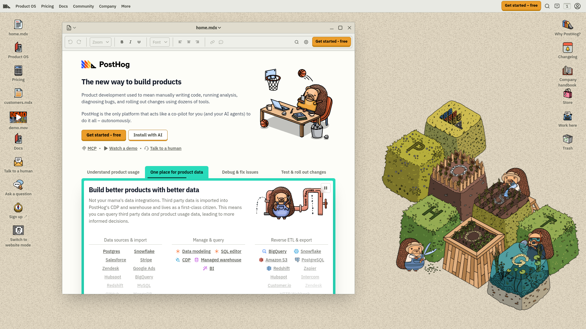 PostHog homepage — product analytics platform with SQL access, experimentation, and session replay
