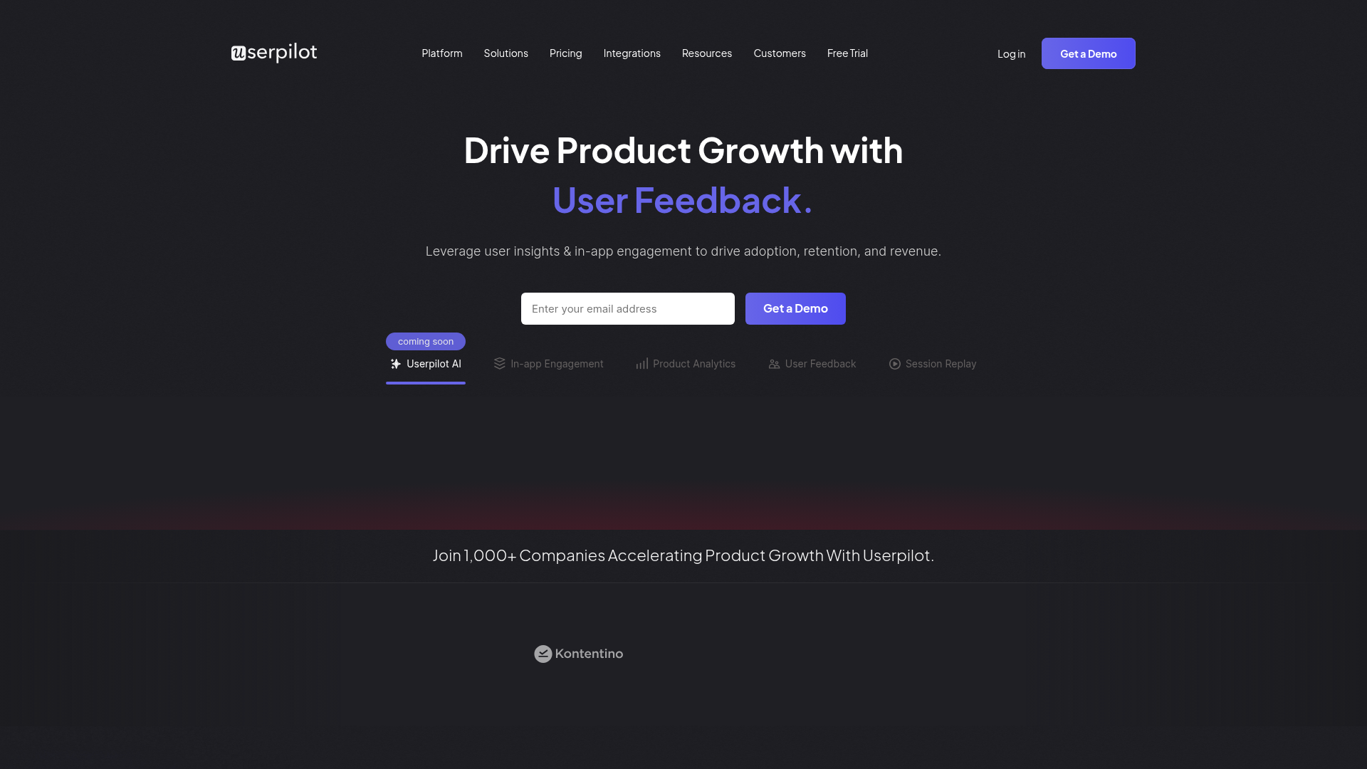 Userpilot homepage — onboarding platform with built-in analytics and feature tagging