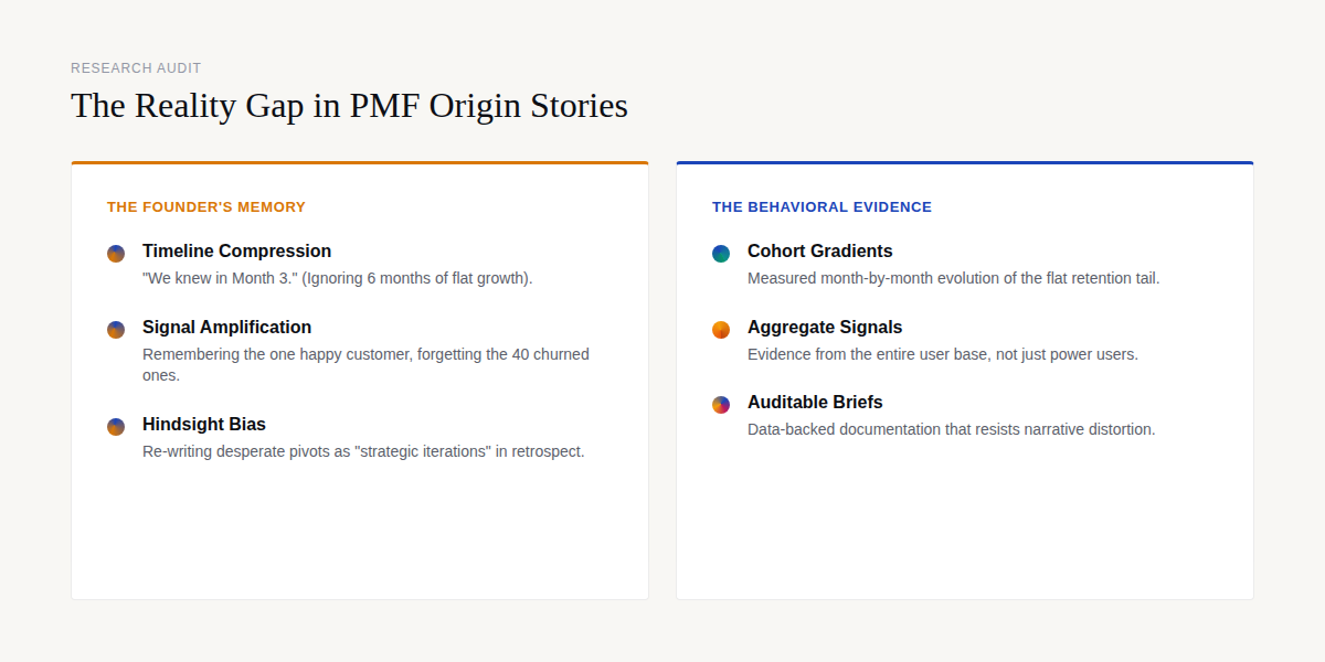 The reality gap in PMF origin stories: memory vs evidence