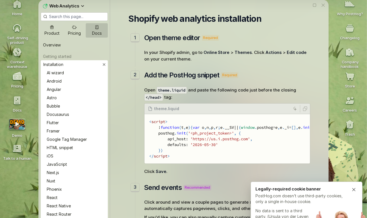 PostHog Shopify web analytics installation documentation page