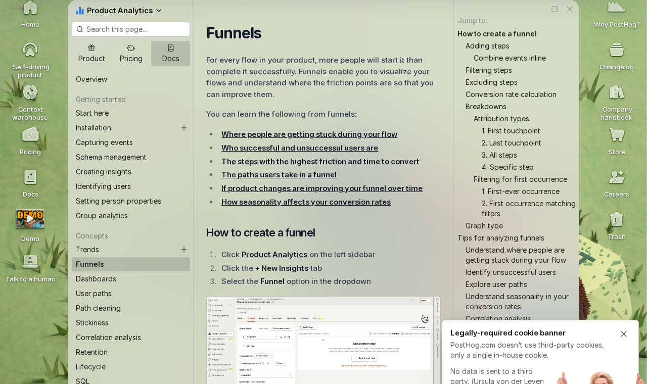 PostHog product analytics funnels documentation page showing funnel analysis configuration