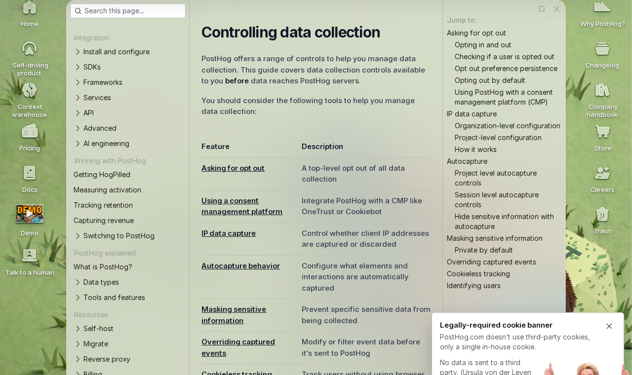 PostHog data collection privacy controls documentation page showing autocapture and IP capture configuration options