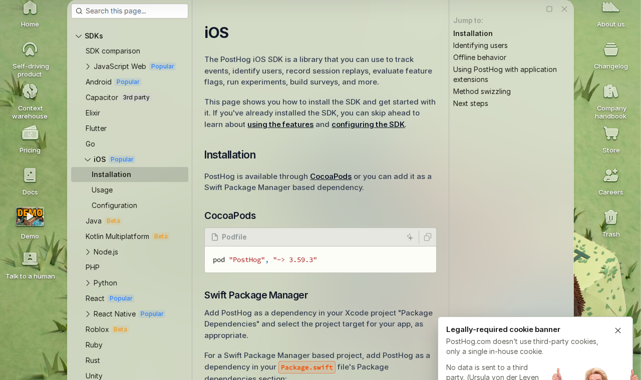 PostHog iOS SDK documentation showing setup and configuration options
