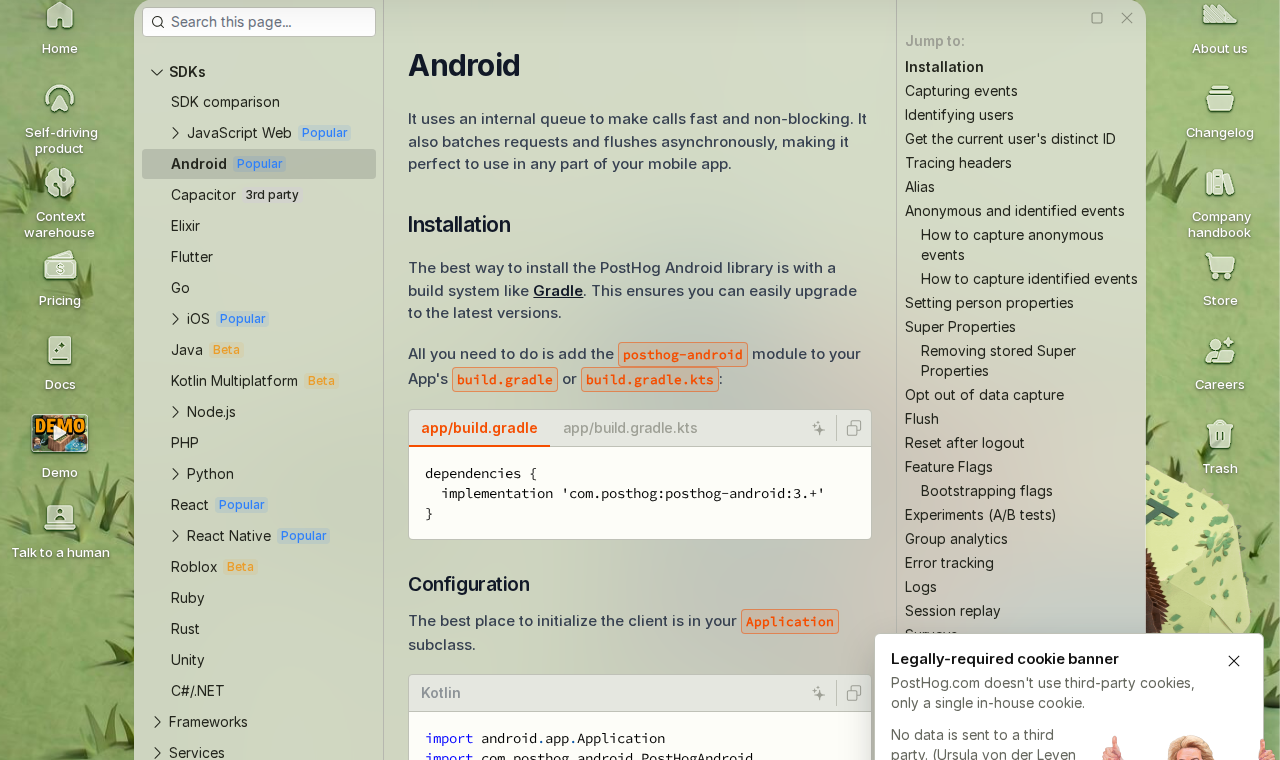 PostHog Android SDK documentation showing Gradle setup and initialization