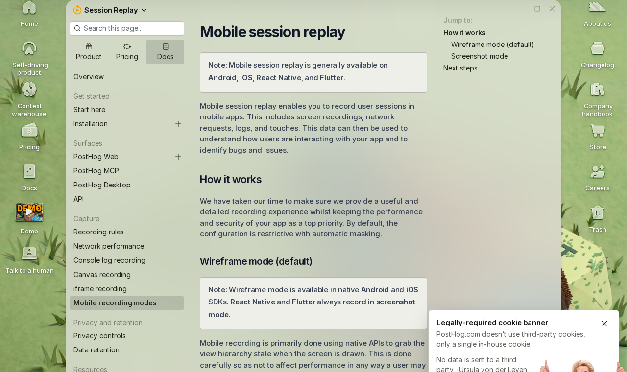 PostHog mobile session replay documentation showing iOS and Android configuration