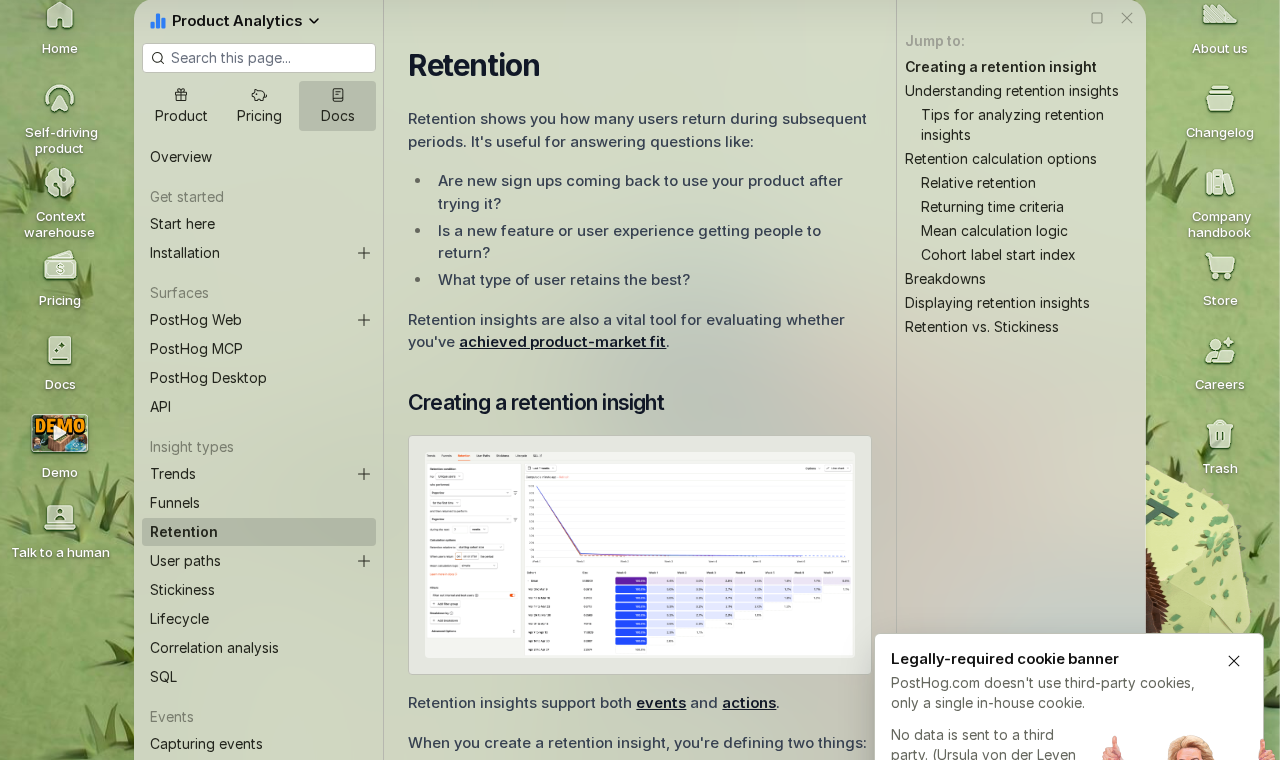 PostHog retention analysis showing cohort retention curves with custom entry and return events