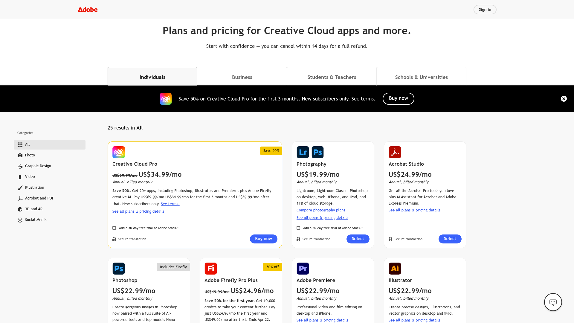 Adobe Creative Cloud pricing page — subscription-based plans