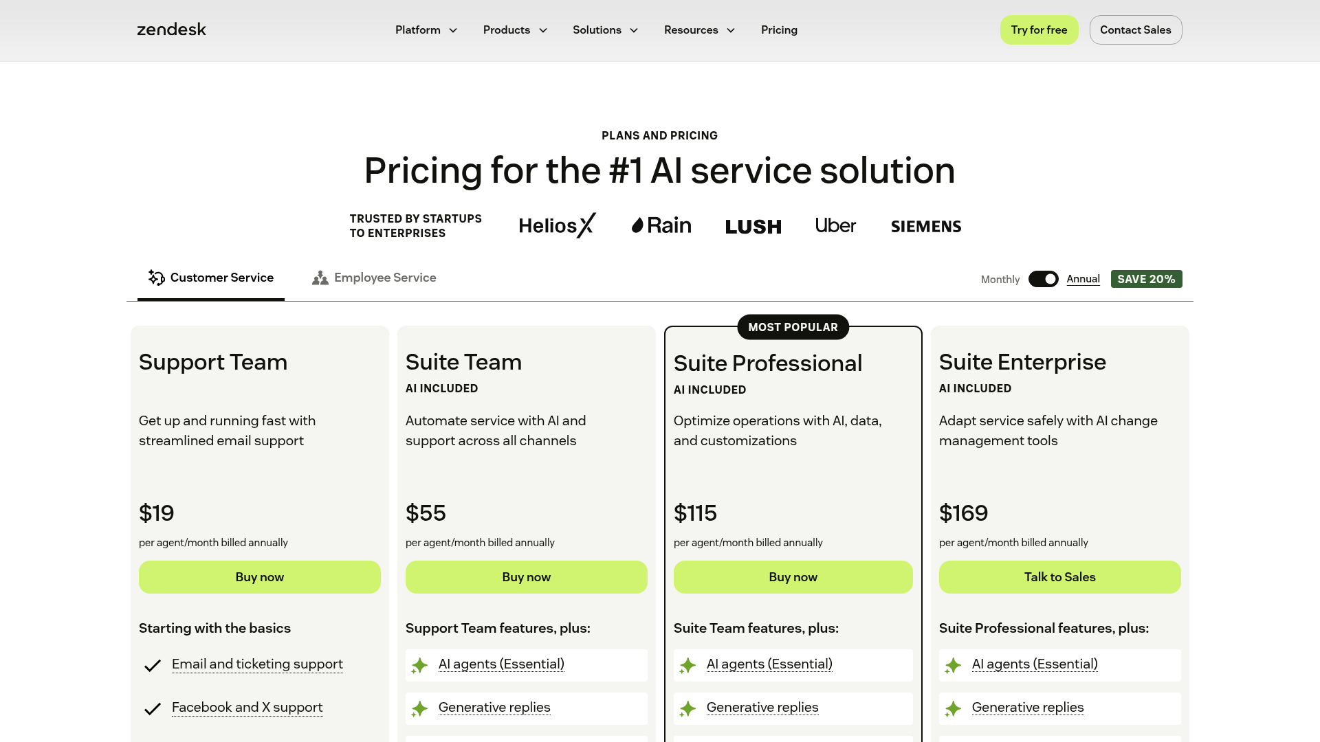 Zendesk pricing page — Suite-oriented packaging with bundle push