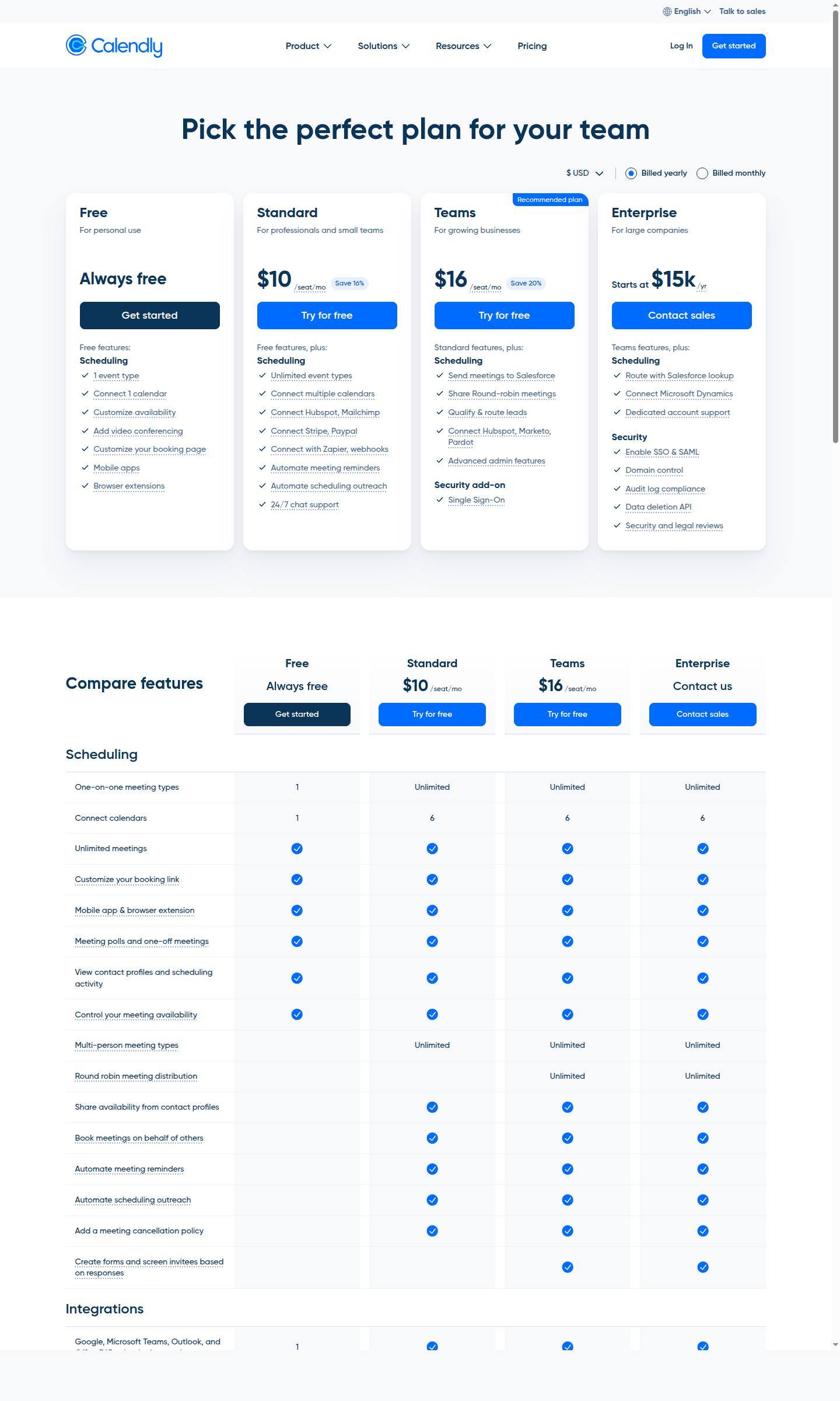 Calendly pricing page showing Free, Standard, Teams, and Enterprise plans with annual billing toggle and Recommended badge on Teams