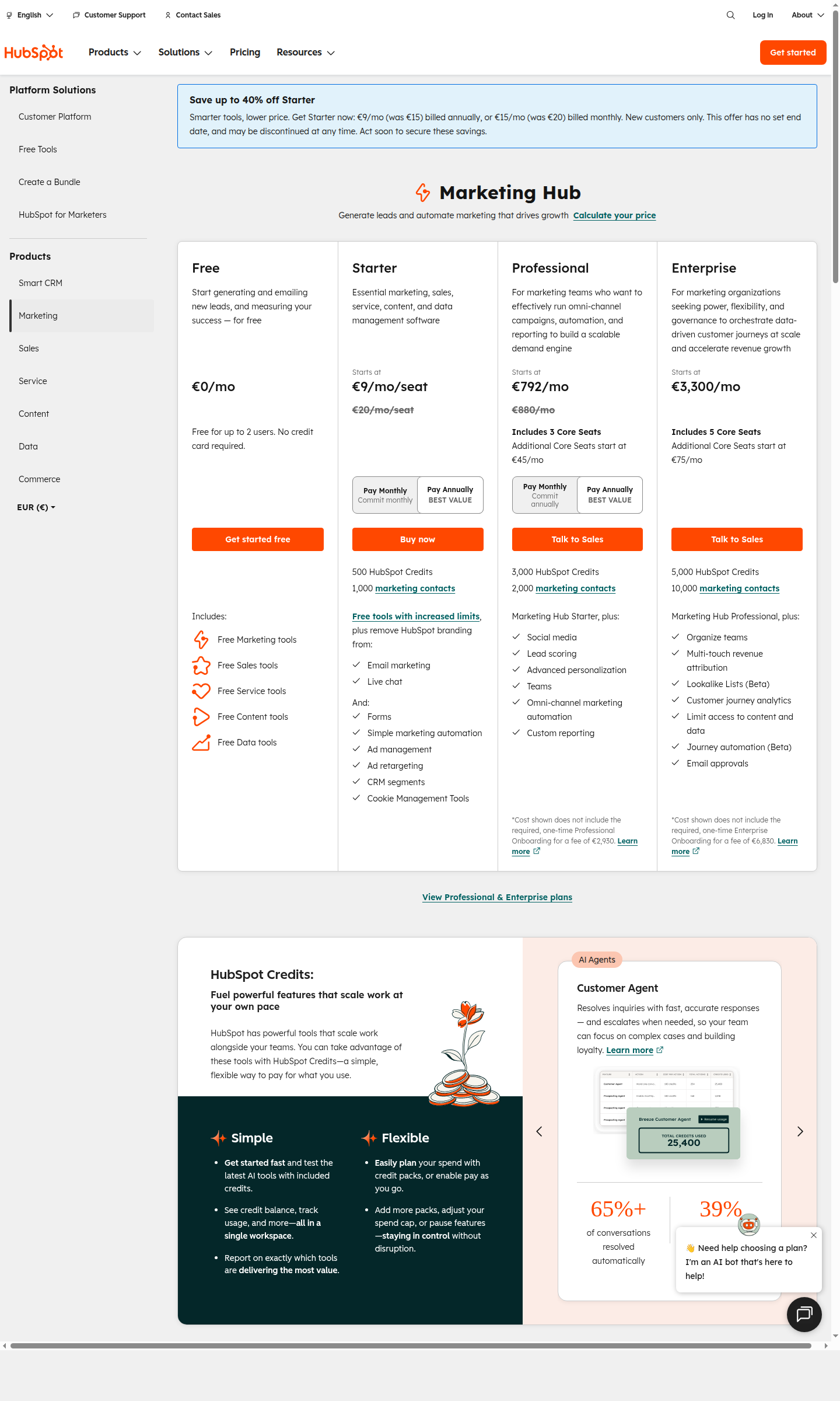 HubSpot pricing page showing per-hub pricing model with Free, Starter, Professional, and Enterprise tiers across Marketing, Sales, and Service hubs