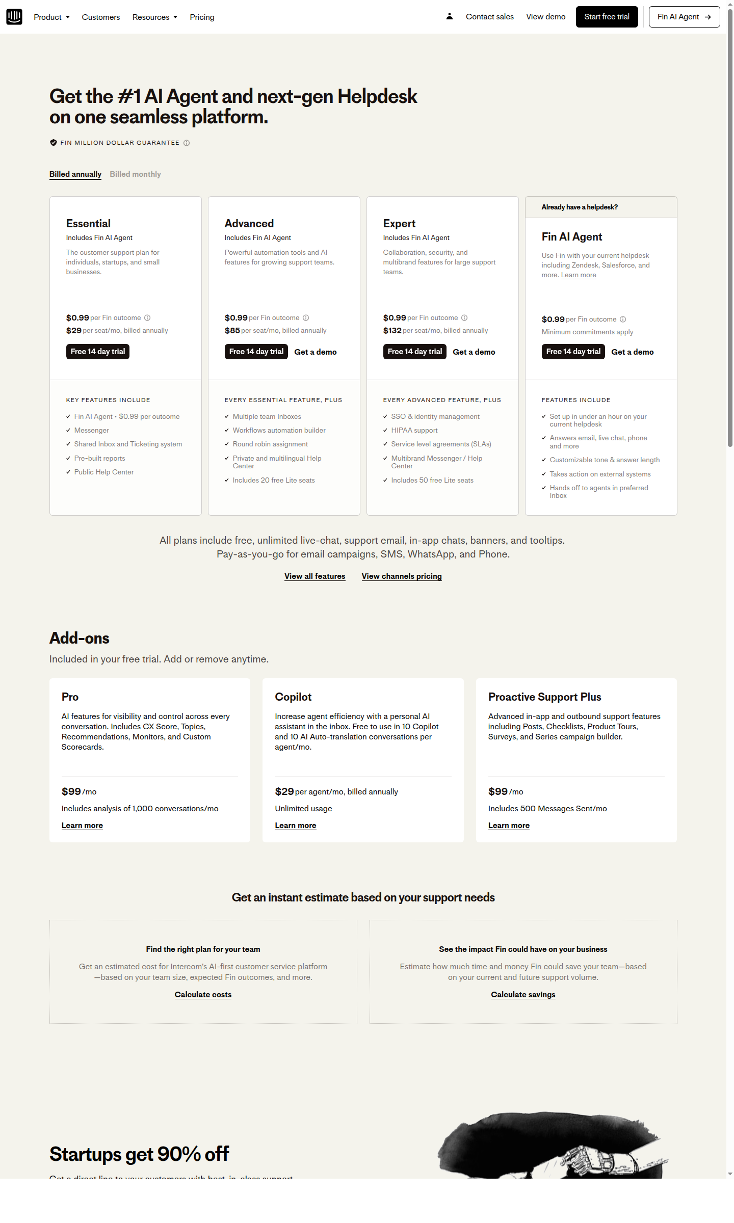 Intercom pricing page showing Essential at $29, Advanced at $85, and Expert at $132 per seat per month with Fin AI agent pricing at $0.99 per outcome