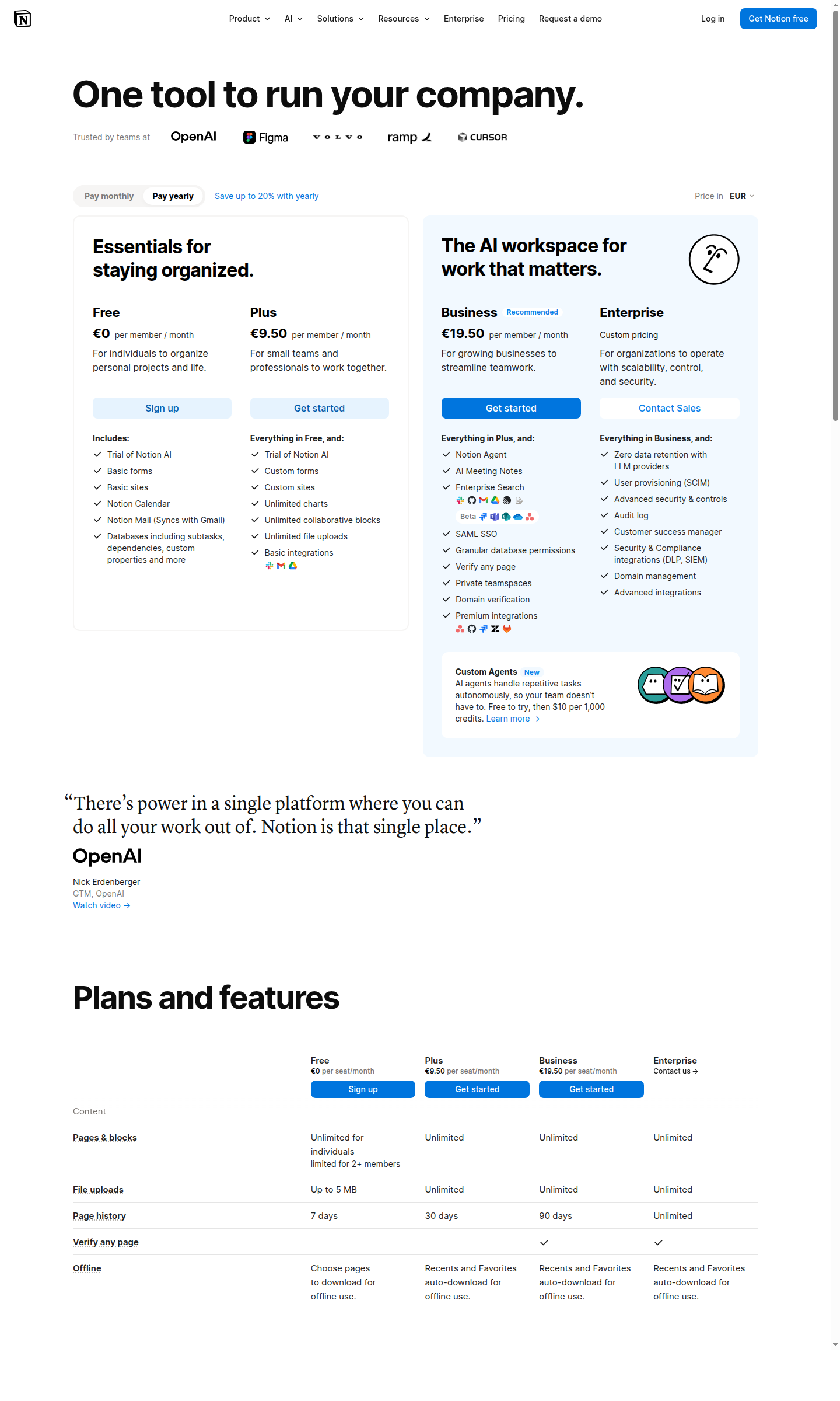 Notion pricing page showing Free, Plus, Business, and Enterprise tiers with annual toggle and RECOMMENDED badge on Business plan