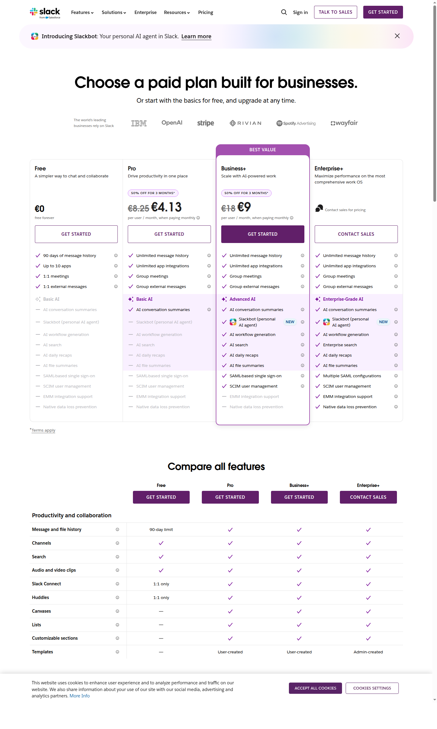 Slack pricing page showing Free, Pro, Business+, and Enterprise+ tiers with per-user pricing and enterprise trust signals