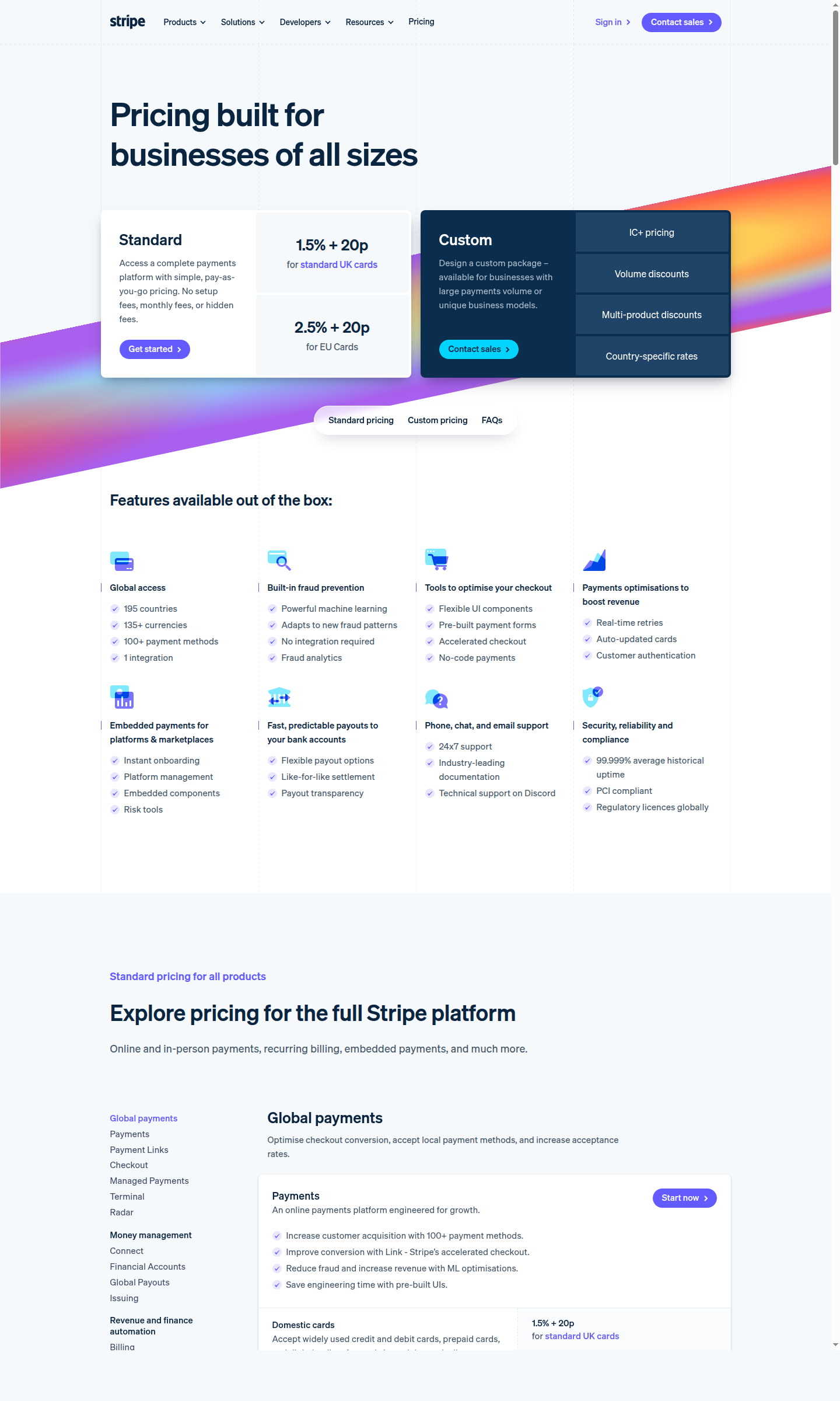 Stripe pricing page showing Standard and Custom pricing tiers with per-transaction rates for payments, billing, tax, and analytics products