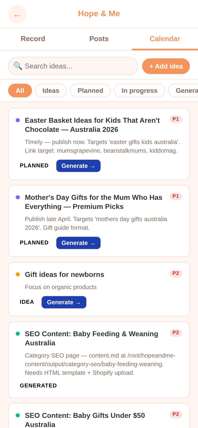 Calendar tab showing content ideas