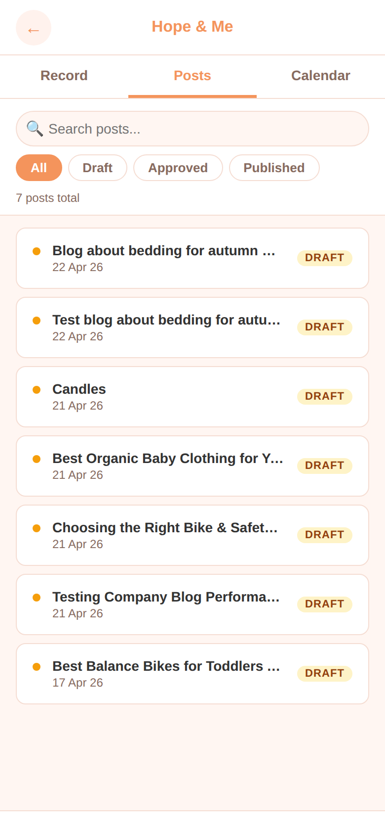 Posts tab with status filters