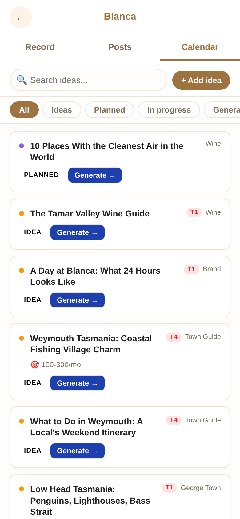 Blanca calendar with hundreds of planned articles
