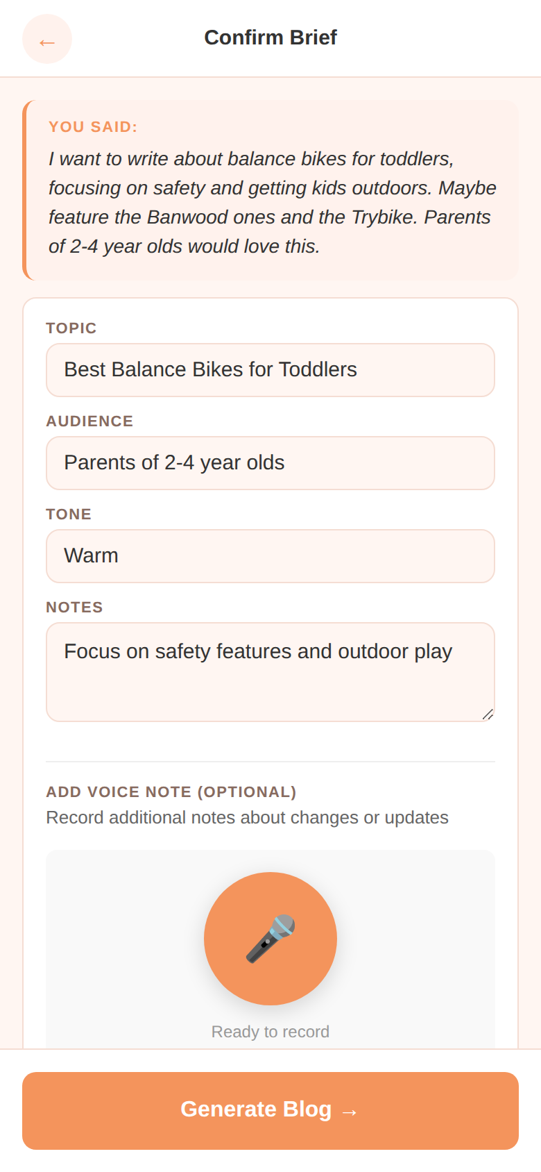 Confirm brief screen with topic, audience, tone, and notes