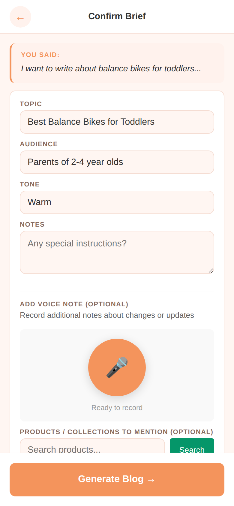 Product search picker at the bottom of the confirm screen