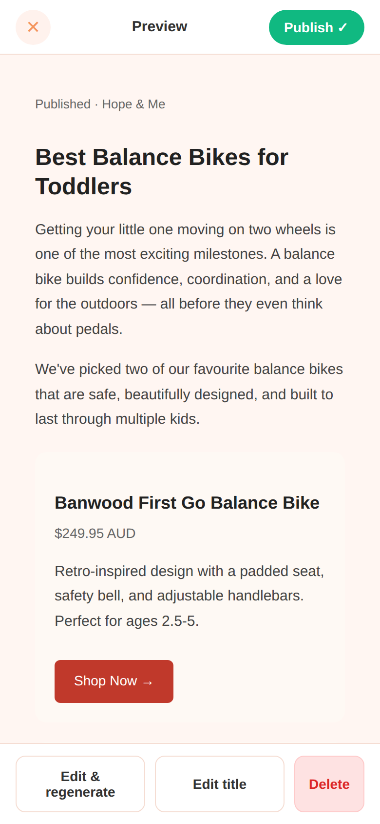 Blog preview with product cards and formatting